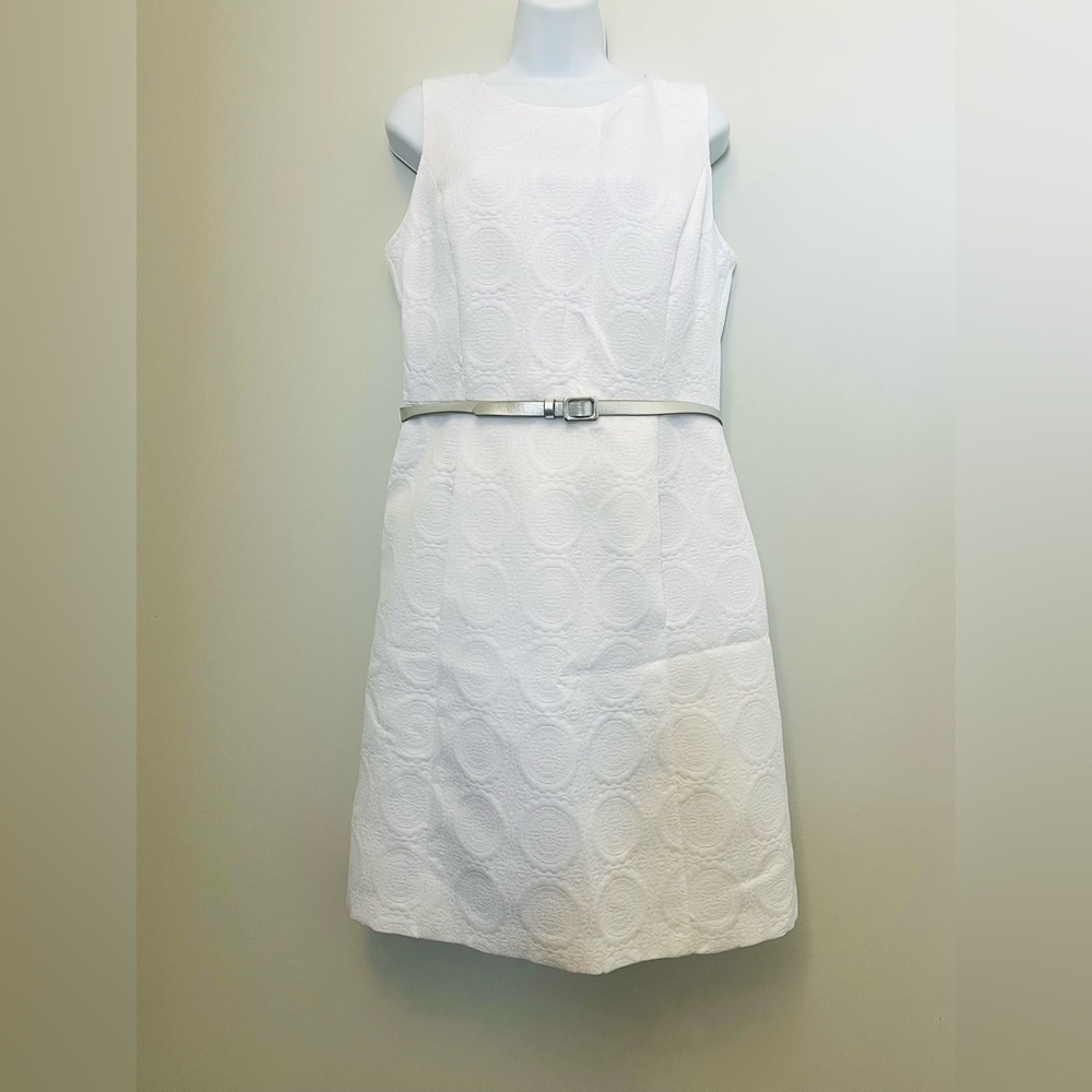 Evan Picone White Jacard Sheath Dress with Silver Belt Accent